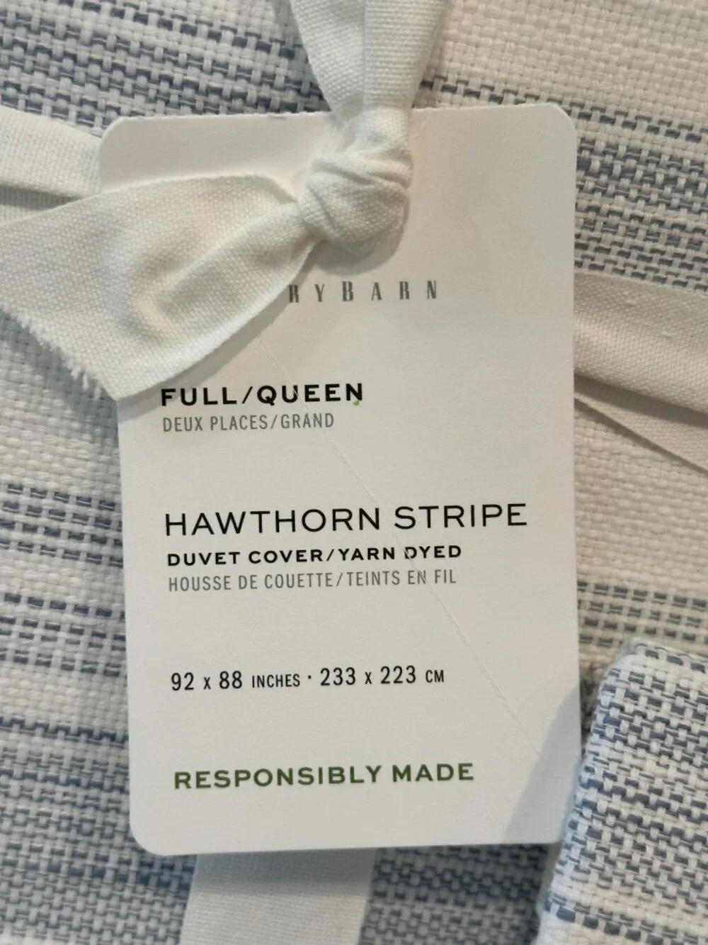 Pottery Barn Hawthorn Stripe Full/ Queen Duvet + 1 EURO Sham NEW w/tags BLUE